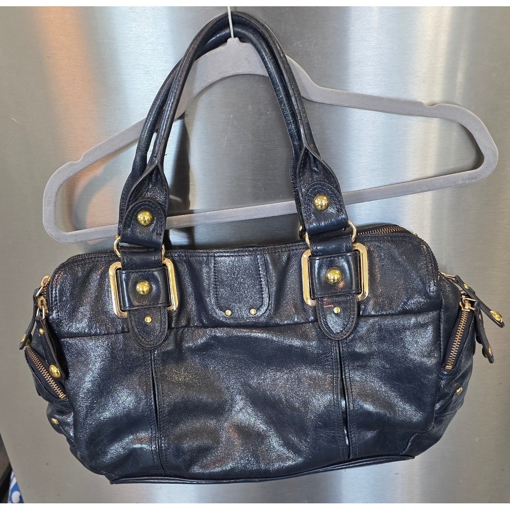 Hype Women Large Satchel Bag Black Leather Gold Hardware Multi-Pocket Hobo